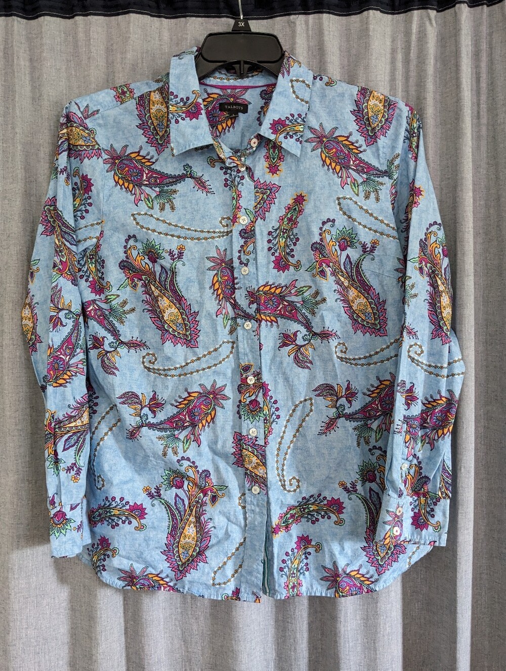 Talbots Top Women's L Button Up Blue Purple Paisley Office Wear Dopamine Artsy